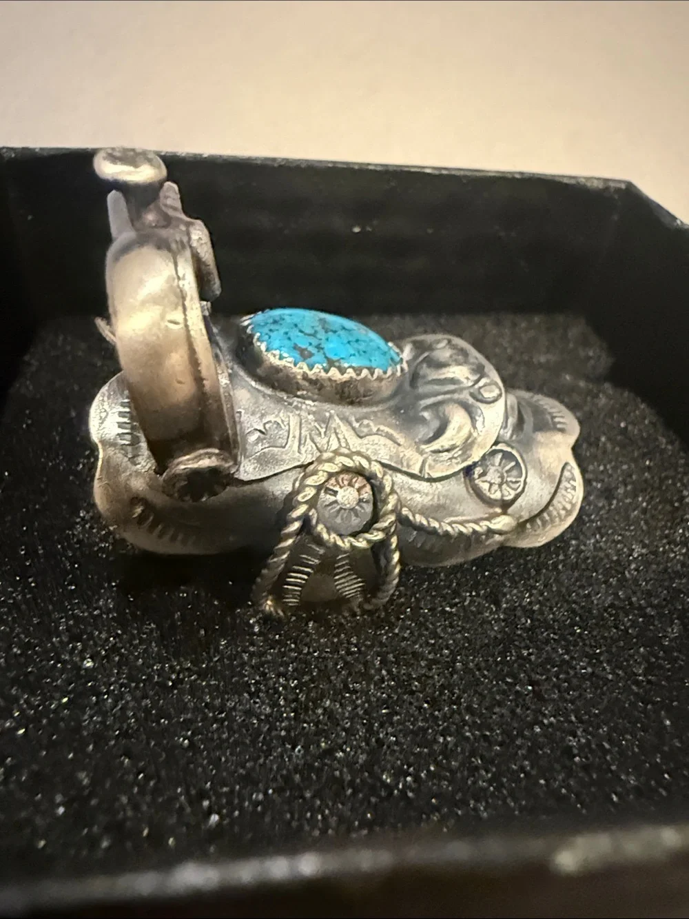 Tim Yazzie Turquoise Sterling Saddle Ring Sz 8 - Picture 1 of 9